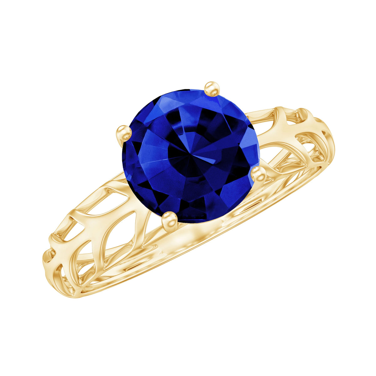 Lab-created blue sapphire solitaire ring with filigree shank from Rosec Jewels, showcasing a sparkling blue sapphire gemstone.