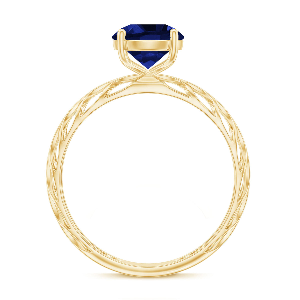 Lab-created blue sapphire solitaire ring with filigree shank by Rosec Jewels, showcasing a sparkling blue gemstone and intricate metalwork.
