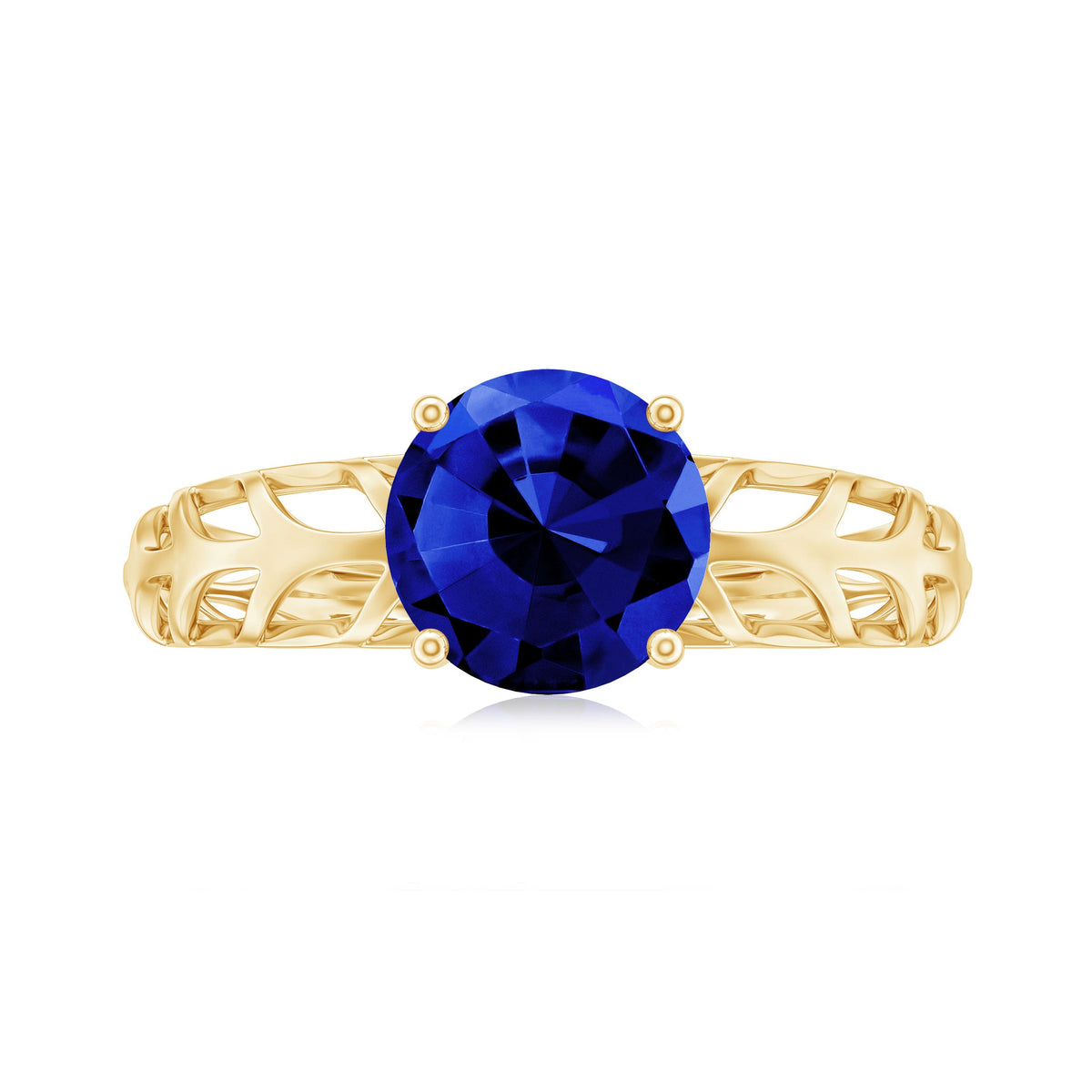 Sterling silver lab-created blue sapphire solitaire ring with intricate filigree shank from Rosec Jewels.