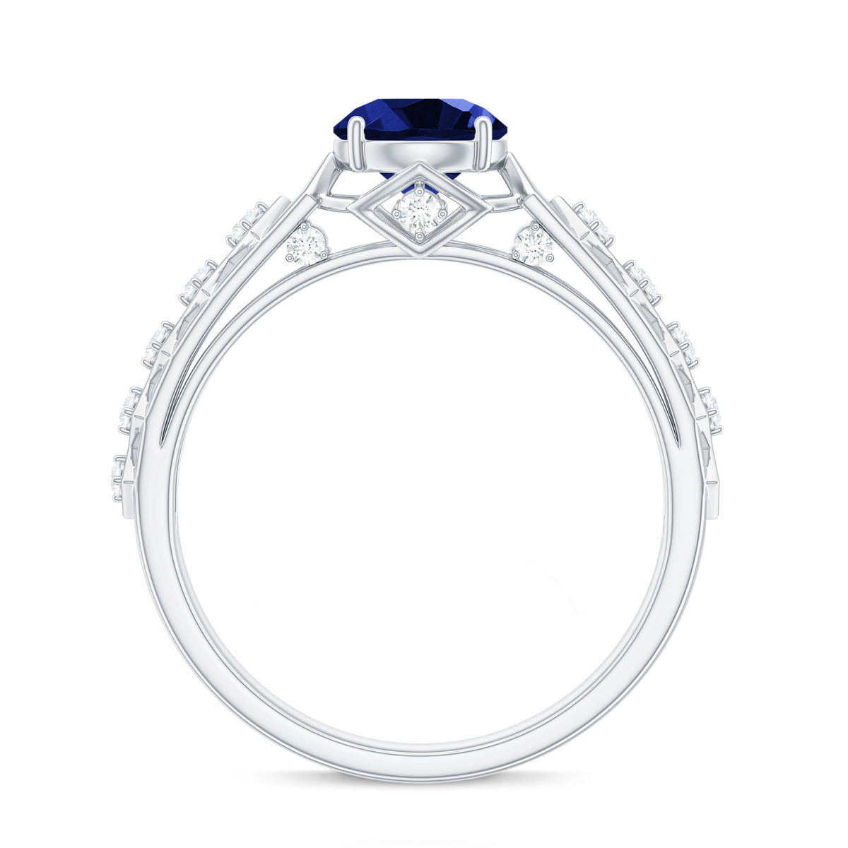 Round Lab Grown Blue Sapphire Solitaire Ring with Diamond