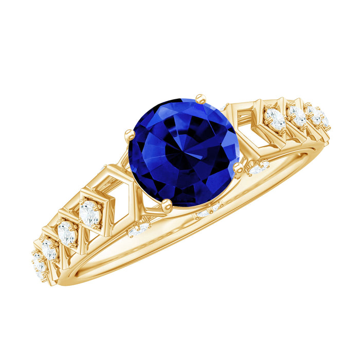 Round Lab Grown Blue Sapphire Solitaire Ring with Diamond from Rosec Jewels, featuring a blue sapphire centerpiece and sparkling diamond accents.