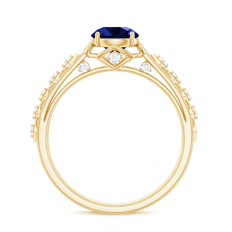 Round lab-grown blue sapphire solitaire ring with a diamond accents, crafted by Rosec Jewels, showcasing elegant jewelry design.