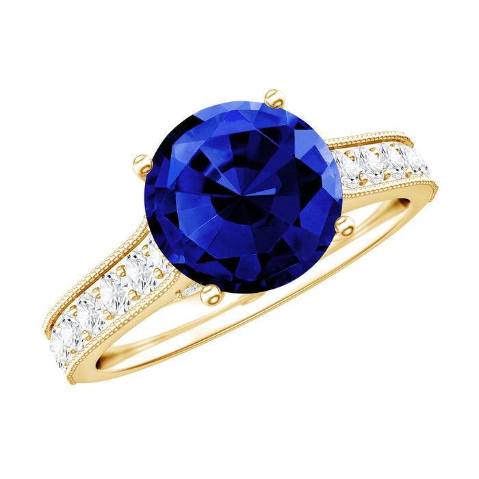 Lab grown 2.7 carat blue sapphire solitaire engagement ring with diamond accents, featuring a rose gold band from Rosec Jewels.