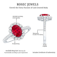 1.5 Carat Oval Cut Created Ruby Engagement Ring with Moissanite Halo