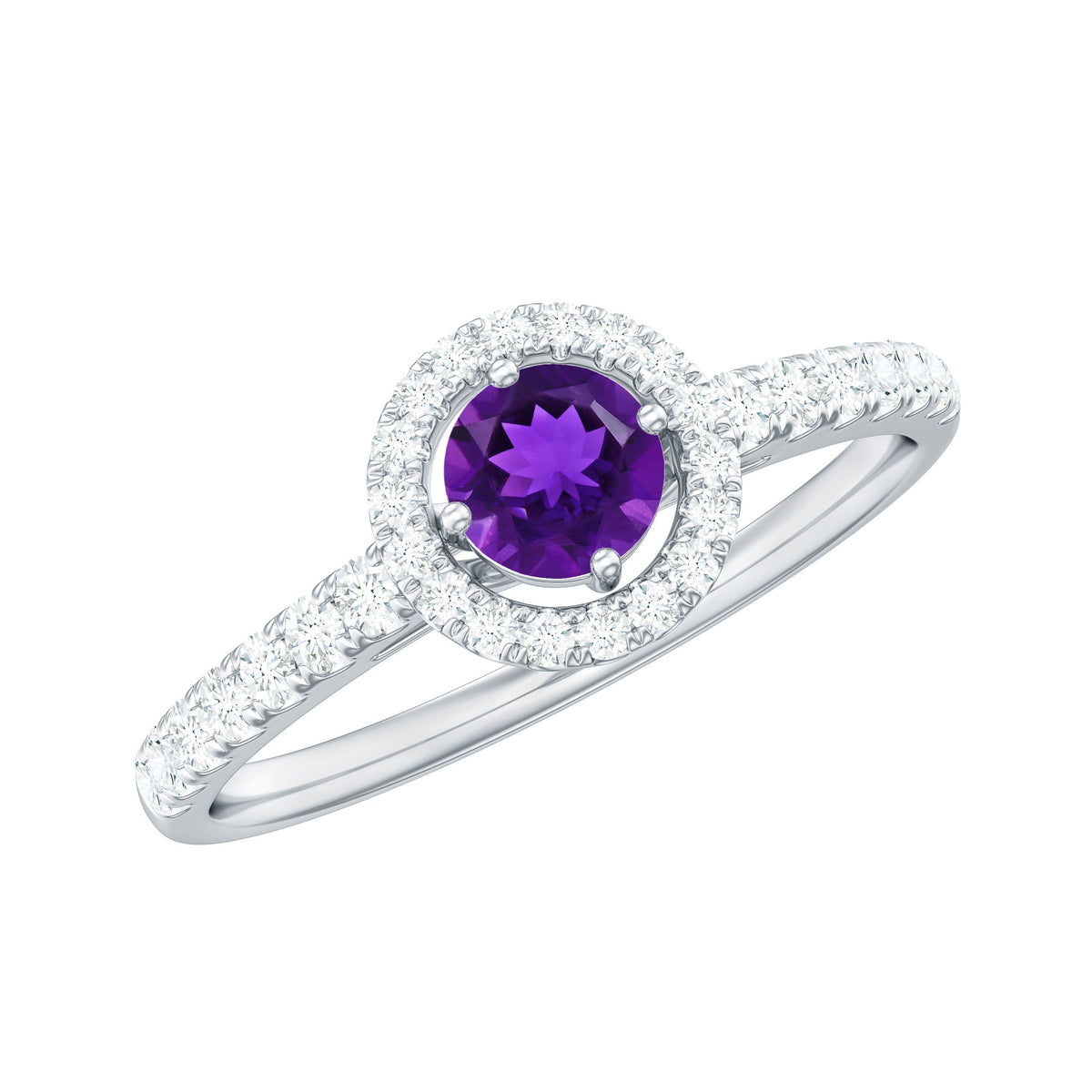 Real amethyst promise ring with diamond halo by Rosec Jewels, showcasing a purple gemstone surrounded by sparkling diamonds.