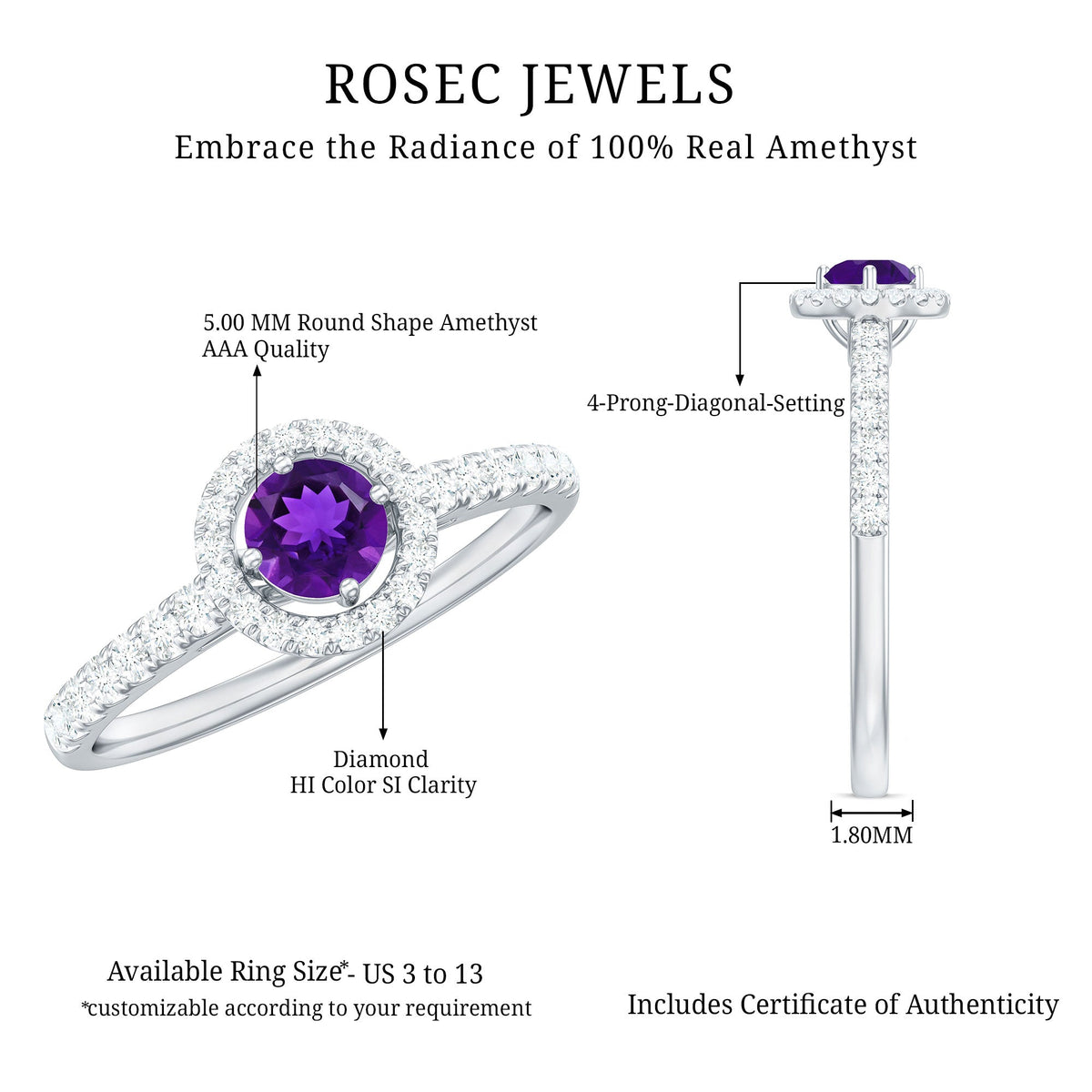 Real amethyst promise ring with diamond halo by Rosec Jewels, featuring a central purple gemstone surrounded by sparkling diamonds.