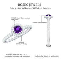 Real amethyst promise ring with diamond halo by Rosec Jewels, featuring a central purple gemstone surrounded by sparkling diamonds.