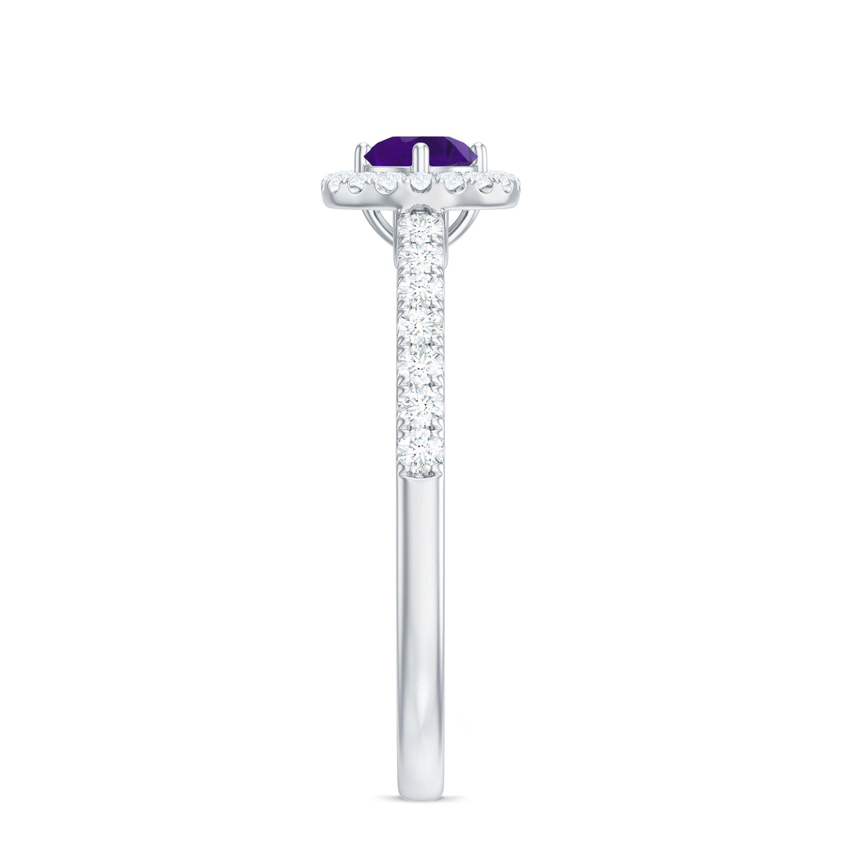 Real Amethyst promise ring with diamond halo featuring a purple gemstone surrounded by sparkling diamonds, set in a silver band.