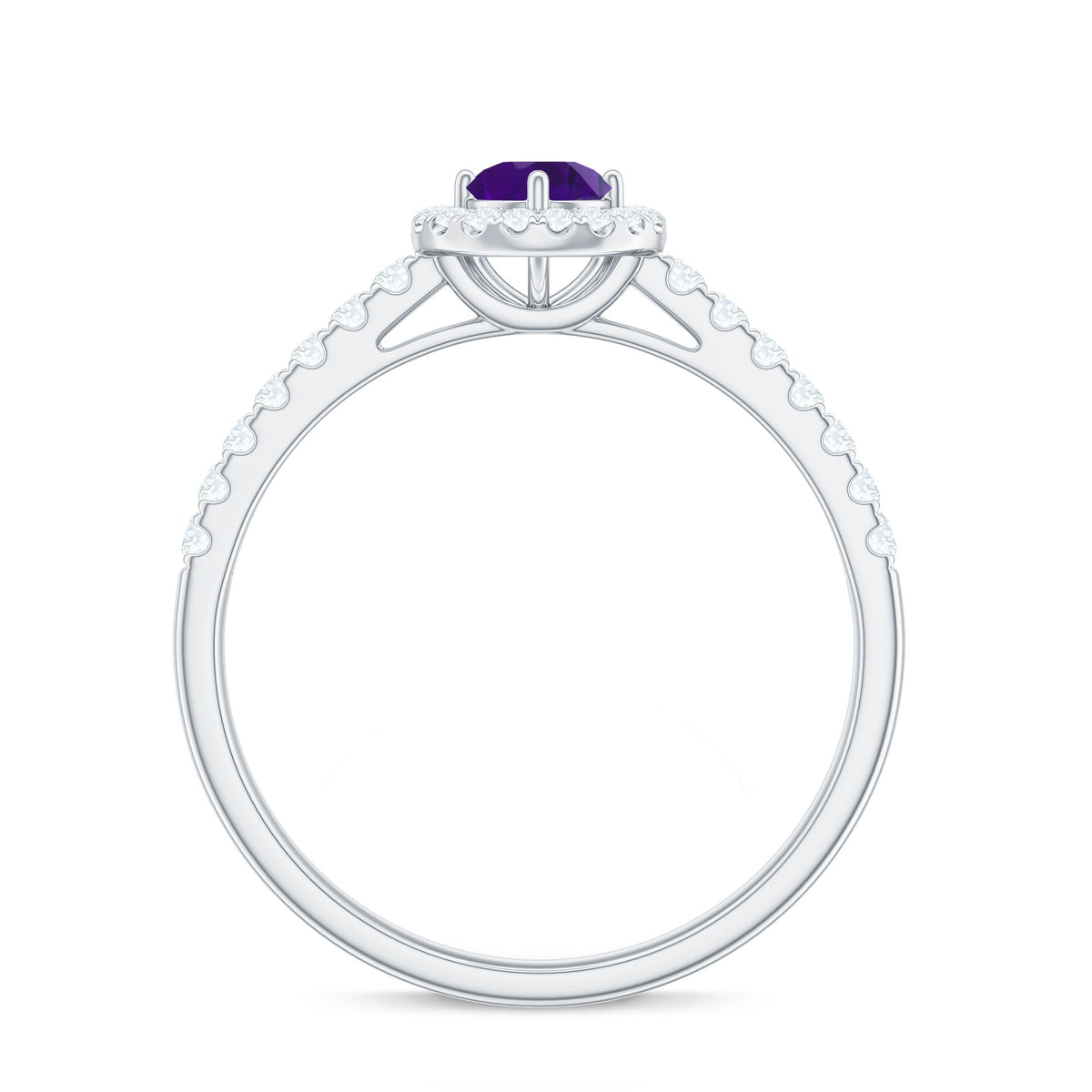 Real amethyst promise ring with diamond halo from Rosec Jewels, showcasing a purple gemstone surrounded by sparkling diamonds.