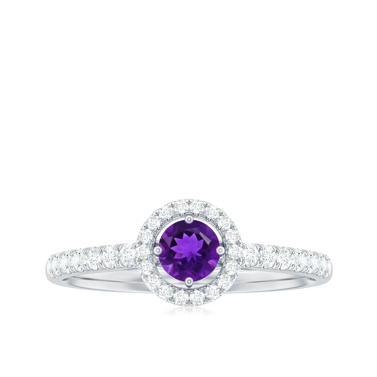 Real amethyst promise ring with diamond halo, showcasing a stunning purple gemstone set in a detailed silver band.