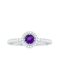 Real amethyst promise ring with diamond halo, showcasing a stunning purple gemstone set in a detailed silver band.