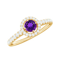 Real amethyst promise ring with diamond halo from Rosec Jewels, featuring a central purple amethyst gemstone and sparkling diamond accents.