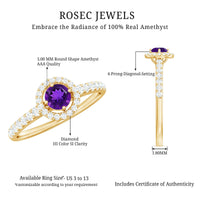 Real amethyst promise ring with diamond halo from Rosec Jewels, showcasing a purple gemstone surrounded by sparkling diamonds.