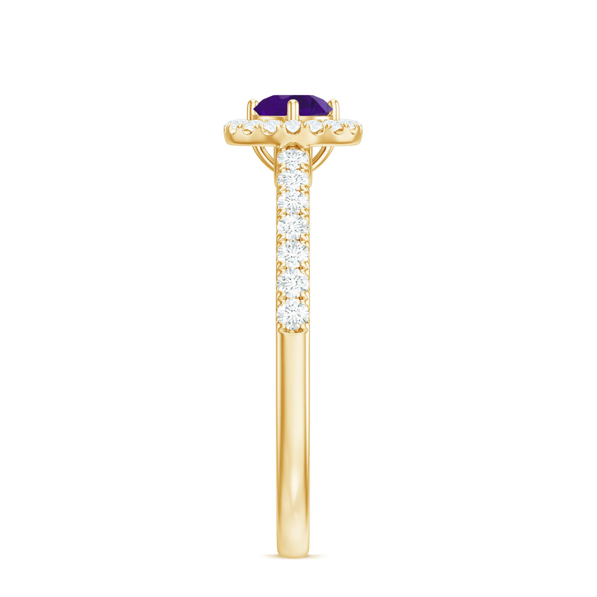 Real amethyst promise ring with diamond halo from Rosec Jewels, featuring a purple gemstone surrounded by sparkling diamonds.