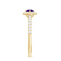 Real amethyst promise ring with diamond halo from Rosec Jewels, featuring a purple gemstone surrounded by sparkling diamonds.