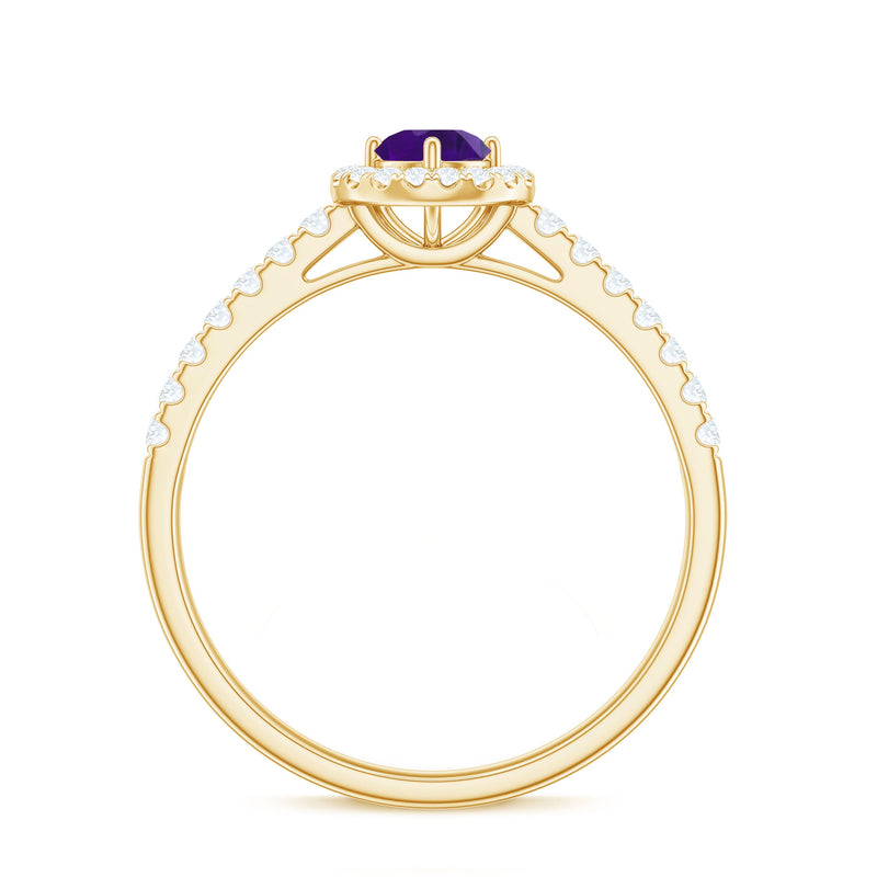 Real amethyst promise ring with diamond halo featuring a large purple gemstone set in a silver band by Rosec Jewels.