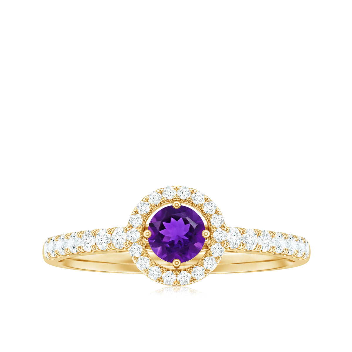 Real amethyst promise ring with diamond halo from Rosec Jewels, featuring a violet gemstone and sparkling accent diamonds.