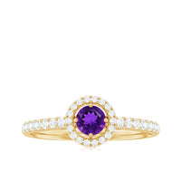 Real amethyst promise ring with diamond halo from Rosec Jewels, featuring a violet gemstone and sparkling accent diamonds.