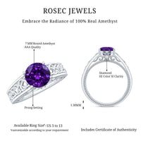Vintage looking 1.2 carat amethyst Celtic engagement ring with a hidden diamond, crafted by Rosec Jewels.