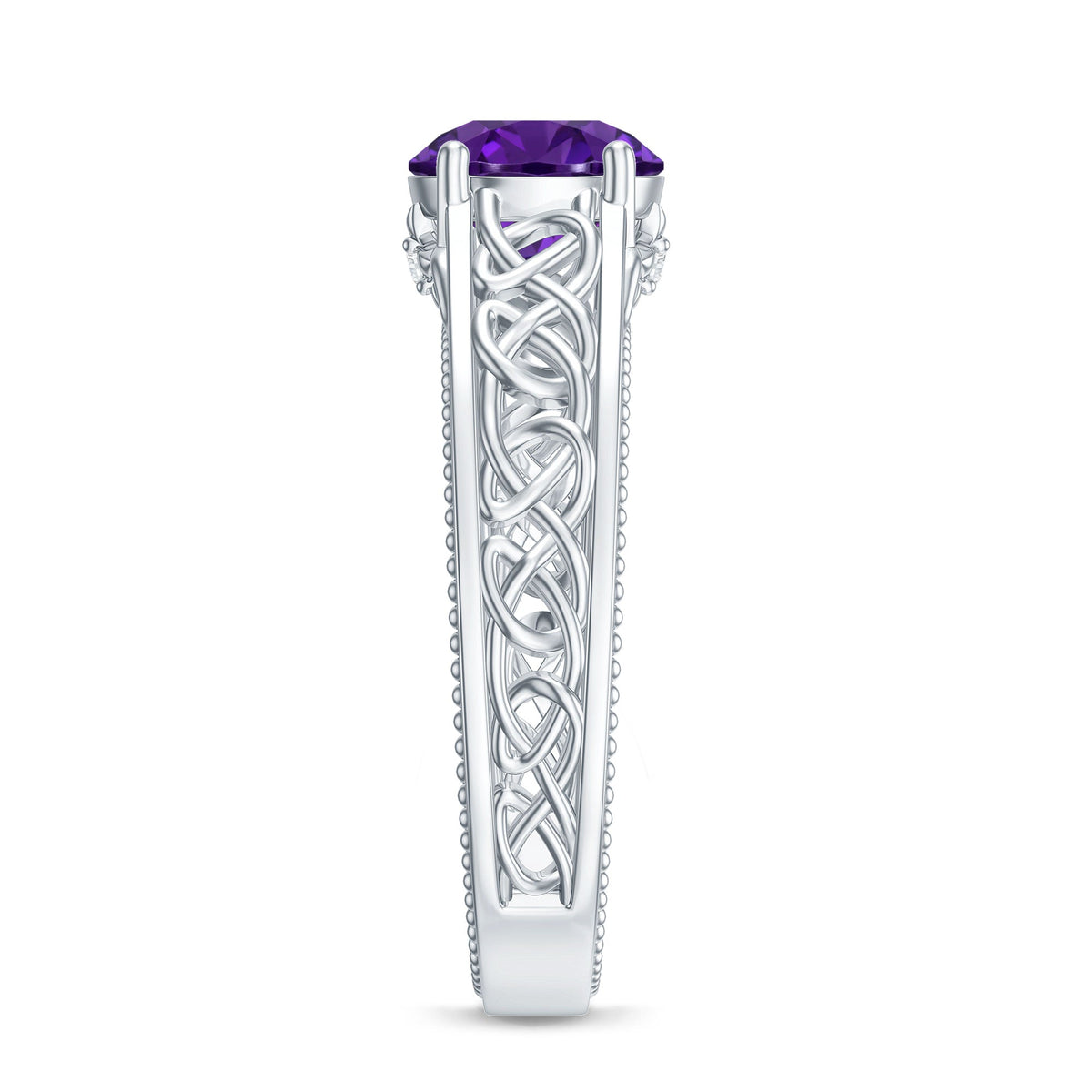 Vintage-style 1.2 carat amethyst Celtic engagement ring with a hidden diamond by Rosec Jewels, showcasing intricate design and gemstone details.