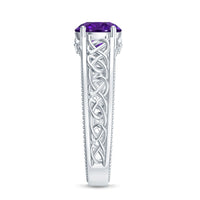 Vintage-style 1.2 carat amethyst Celtic engagement ring with a hidden diamond by Rosec Jewels, showcasing intricate design and gemstone details.