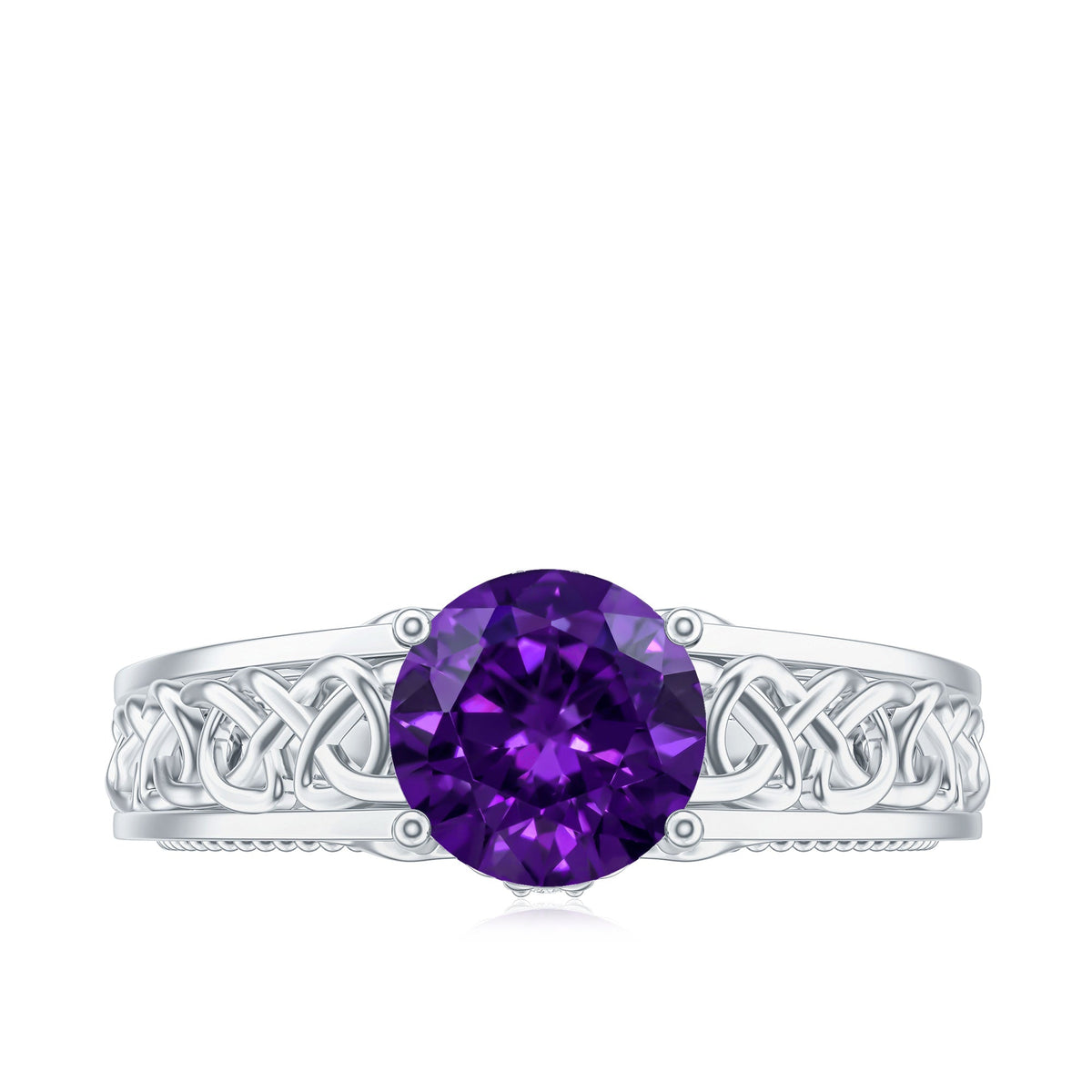 Vintage-style 1.2 carat amethyst Celtic engagement ring with a surprise diamond by Rosec Jewels, featuring intricate design and gemstone details.