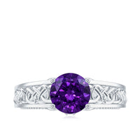 Vintage-style 1.2 carat amethyst Celtic engagement ring with a surprise diamond by Rosec Jewels, featuring intricate design and gemstone details.