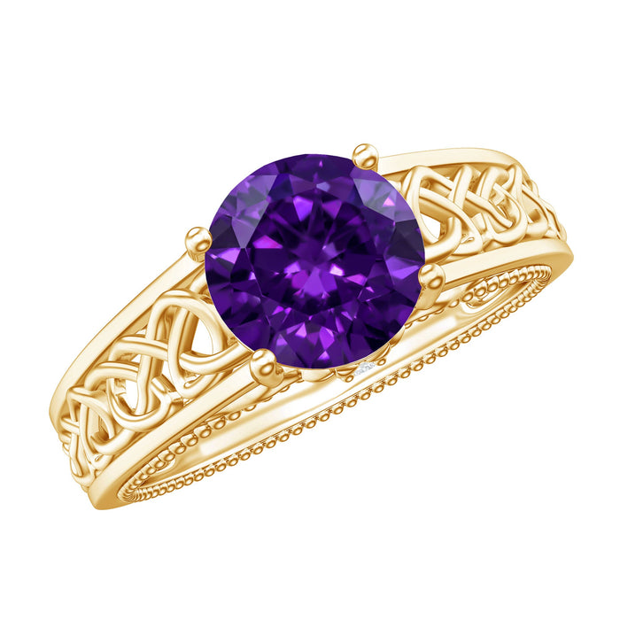 Vintage-style 1.2 carat amethyst Celtic engagement ring with a surprise diamond from Rosec Jewels, detailed craftsmanship.