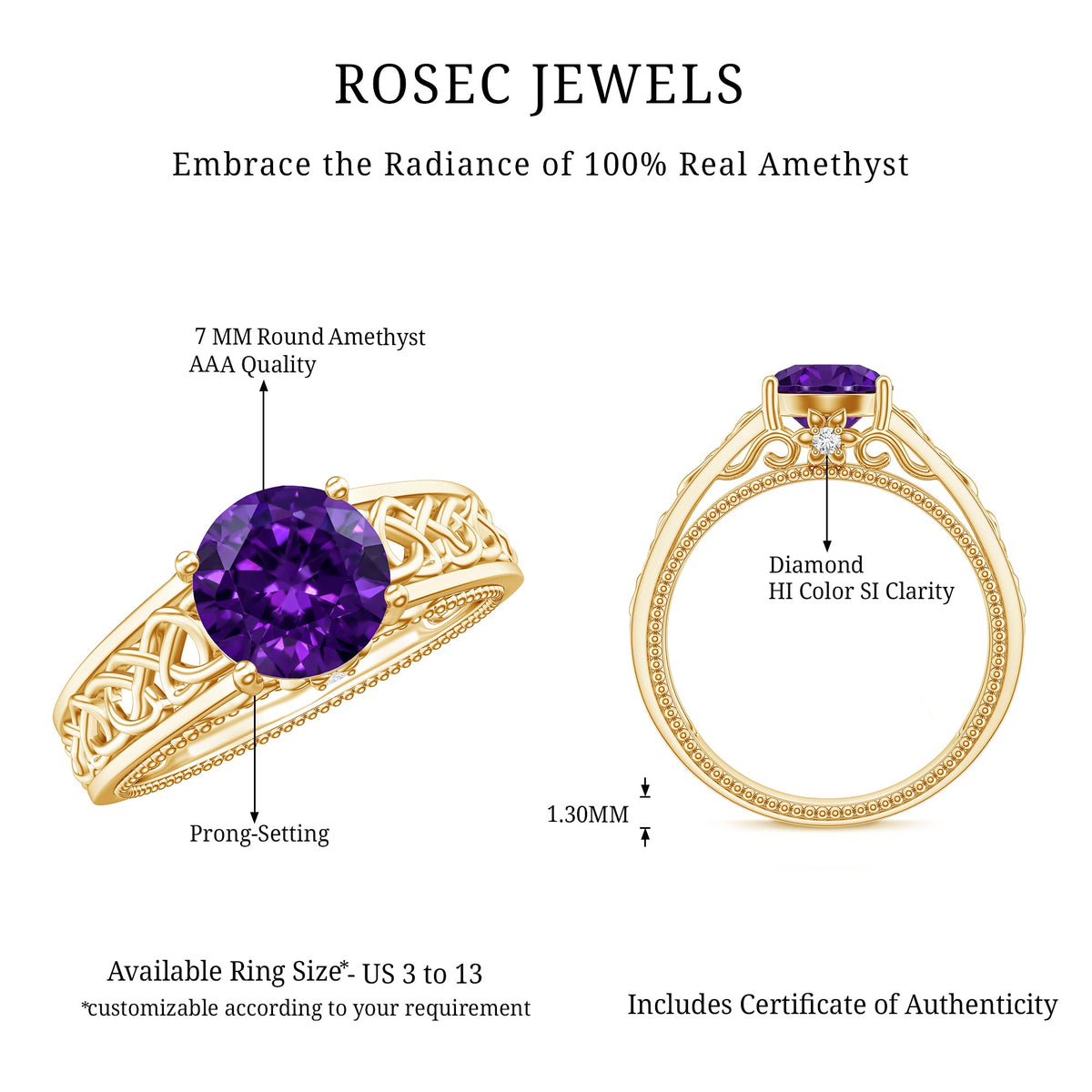 Vintage-looking 1.2 carat amethyst Celtic engagement ring with a surprise diamond, crafted by Rosec Jewels.