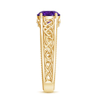 Vintage-looking 1.2 carat amethyst Celtic engagement ring with a hidden diamond, featuring intricate design from Rosec Jewels.