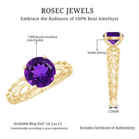 1.2 Carat Round Amethyst Solitaire Engagement Ring with Filigree Details
