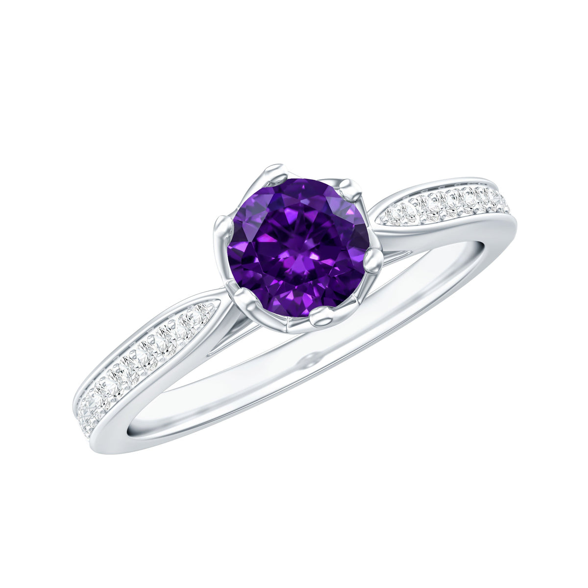 Minimal amethyst engagement ring with diamond accents by Rosec Jewels, showcasing a sleek band and elegant gemstone setting.