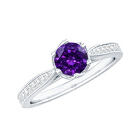 Minimal amethyst engagement ring with diamond accents by Rosec Jewels, showcasing a sleek band and elegant gemstone setting.