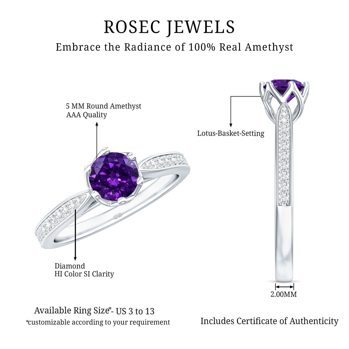 Minimal amethyst engagement ring with diamond accents from Rosec Jewels, showcasing a sleek design with a central purple gemstone.