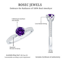 Minimal amethyst engagement ring with diamond accents from Rosec Jewels, showcasing a sleek design with a central purple gemstone.