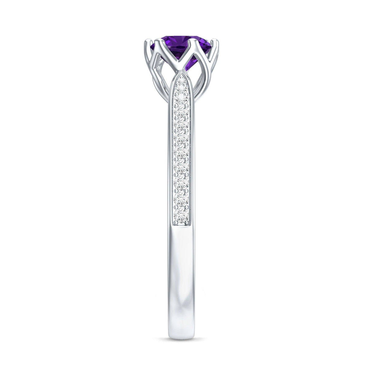 Minimal amethyst engagement ring with diamond accents from Rosec Jewels, showcasing a sleek design with a central purple gemstone.