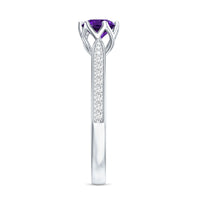 Minimal amethyst engagement ring with diamond accents from Rosec Jewels, showcasing a sleek design with a central purple gemstone.