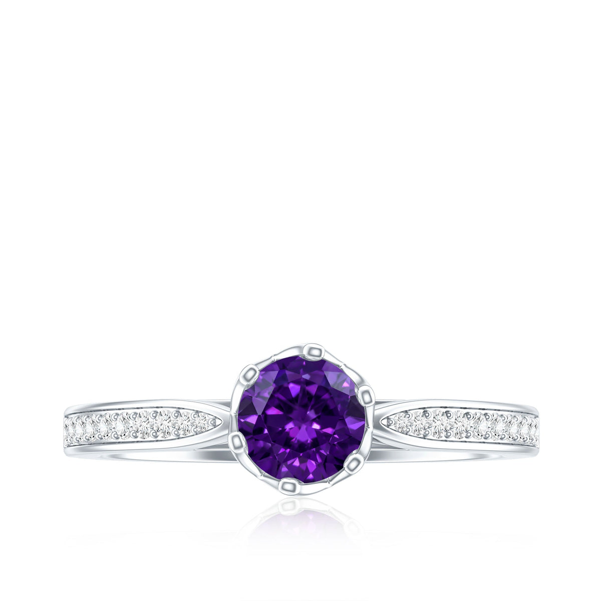 Minimal amethyst engagement ring with diamond accents from Rosec Jewels, showcasing a sleek silver band and vibrant purple gemstone.