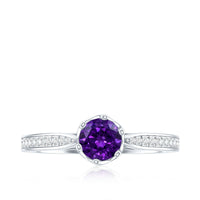 Minimal amethyst engagement ring with diamond accents from Rosec Jewels, showcasing a sleek silver band and vibrant purple gemstone.