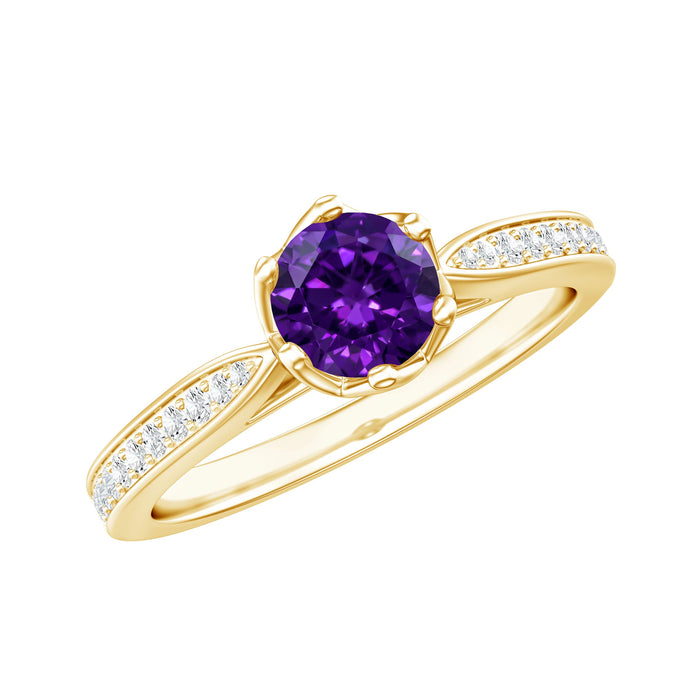 Minimal amethyst engagement ring with diamond accents from Rosec Jewels, featuring a sleek silver band and purple gemstone centerpiece.