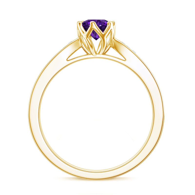 Minimal Amethyst engagement ring with diamond accents from Rosec Jewels, showcasing a sleek silver band and vibrant purple gemstone.
