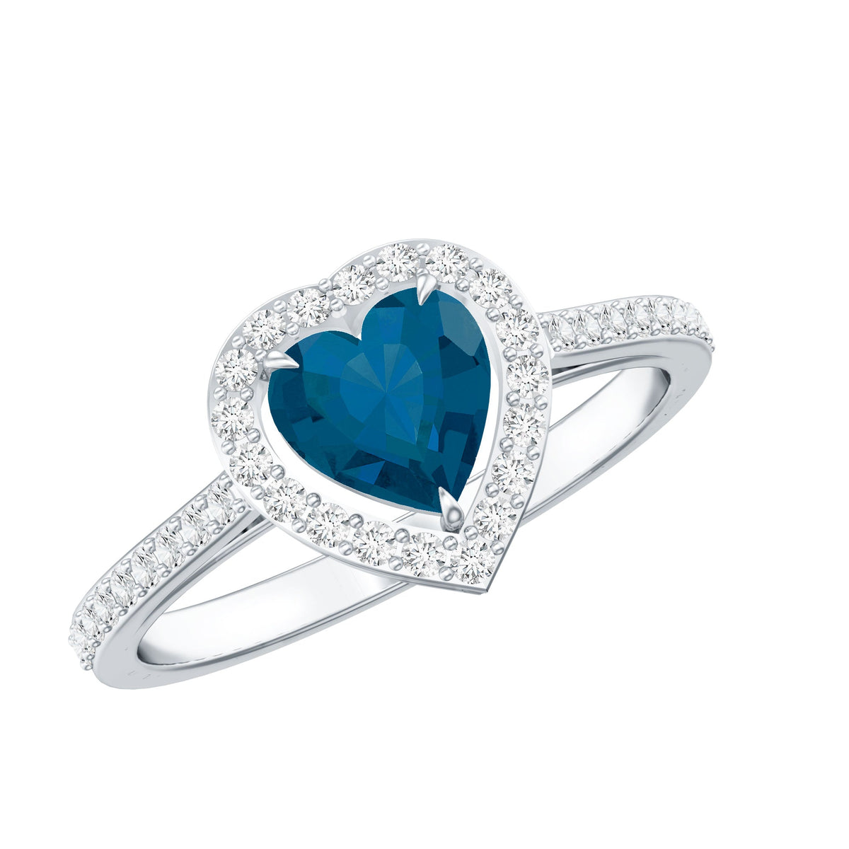 Heart-shaped London Blue Topaz engagement ring with diamond halo, featuring intricate detailing from Rosec Jewels.