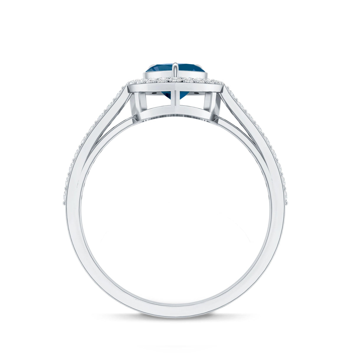 Heart-shaped London Blue Topaz engagement ring with diamond halo, showcasing a stunning gemstone and elegant design by Rosec Jewels.