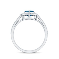 Heart-shaped London Blue Topaz engagement ring with diamond halo, showcasing a stunning gemstone and elegant design by Rosec Jewels.