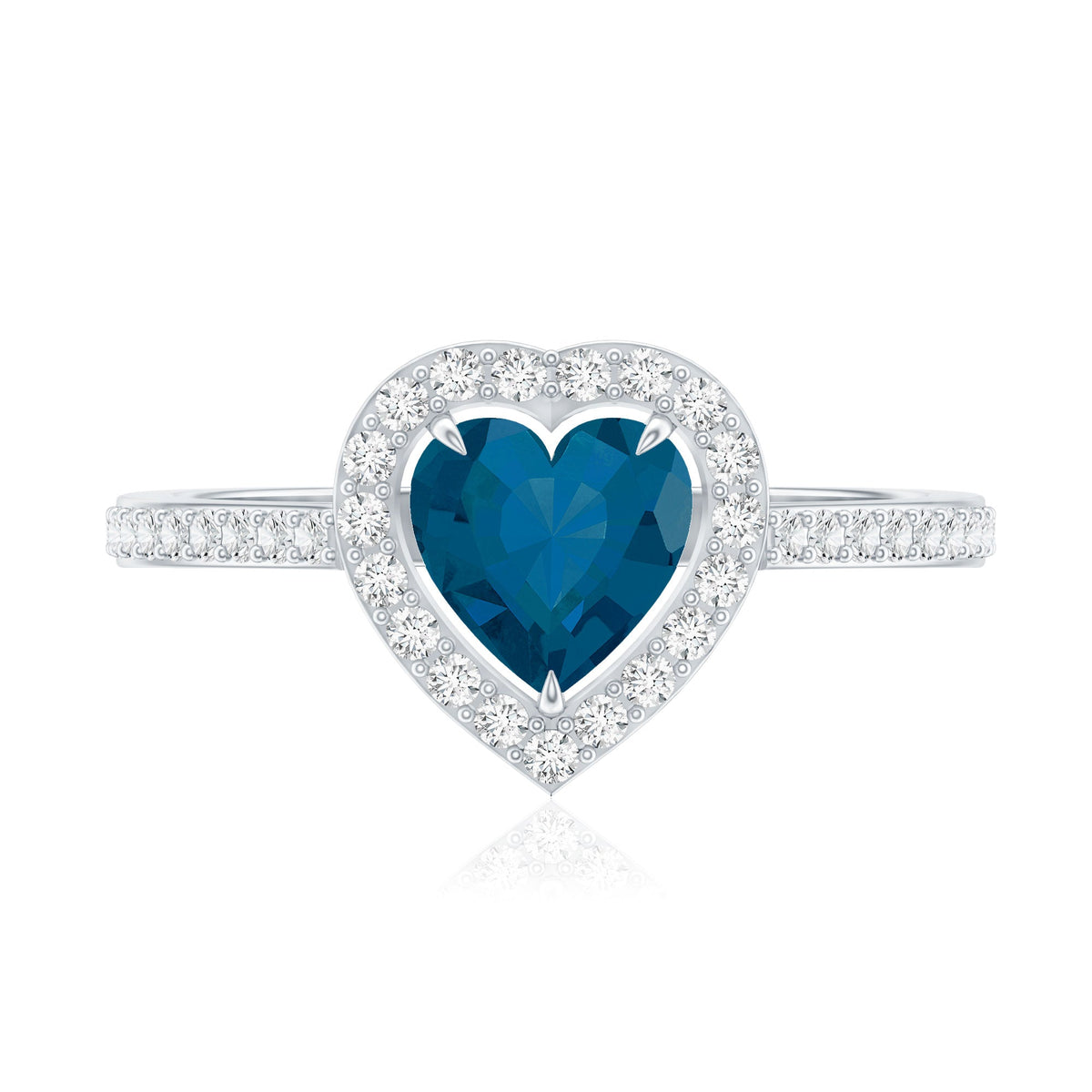 Heart-shaped London Blue Topaz engagement ring with diamond halo by Rosec Jewels, showcasing the elegant gemstone and sparkling setting.