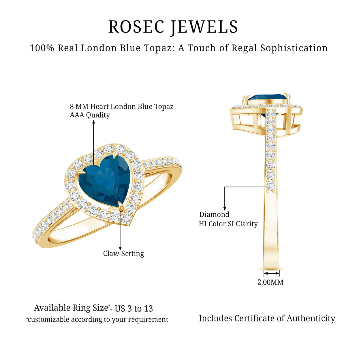 Heart-shaped London Blue Topaz engagement ring with diamond halo by Rosec Jewels, featuring intricate metalwork and sparkling stones.