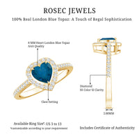 Heart-shaped London Blue Topaz engagement ring with diamond halo by Rosec Jewels, featuring intricate metalwork and sparkling stones.