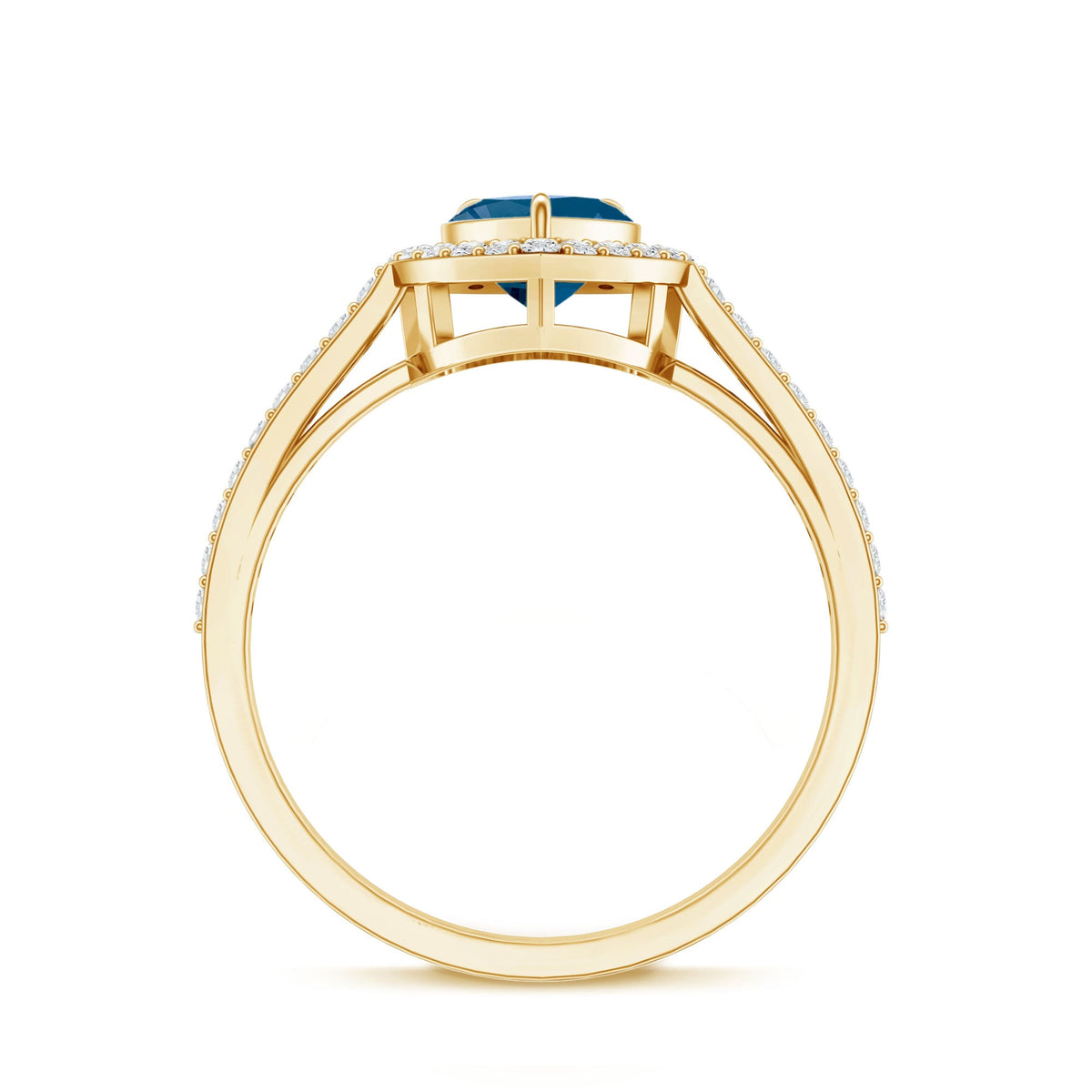 Heart-shaped London Blue Topaz engagement ring with diamond halo from Rosec Jewels, showcasing the detailed gemstone and elegant design.