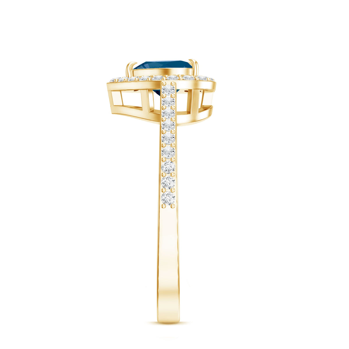 Heart-shaped London Blue Topaz engagement ring with diamond halo by Rosec Jewels, showcasing the elegant blue gemstone and sparkling accents.
