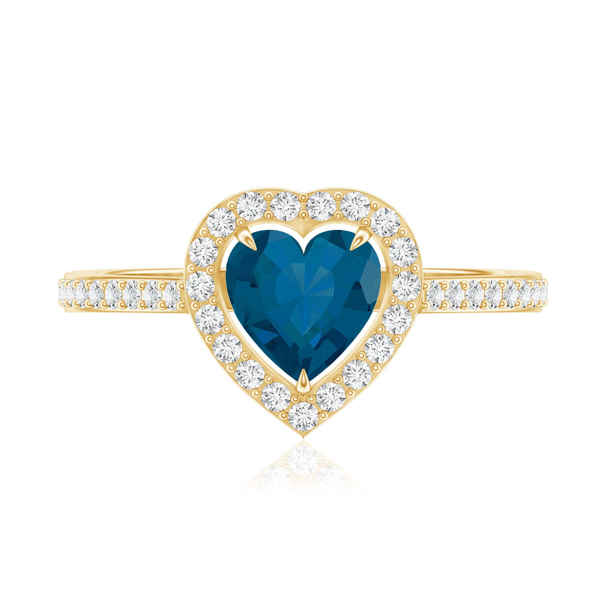 Heart-shaped London Blue Topaz engagement ring with diamond halo by Rosec Jewels, showcasing the detailed design and sparkling stones.